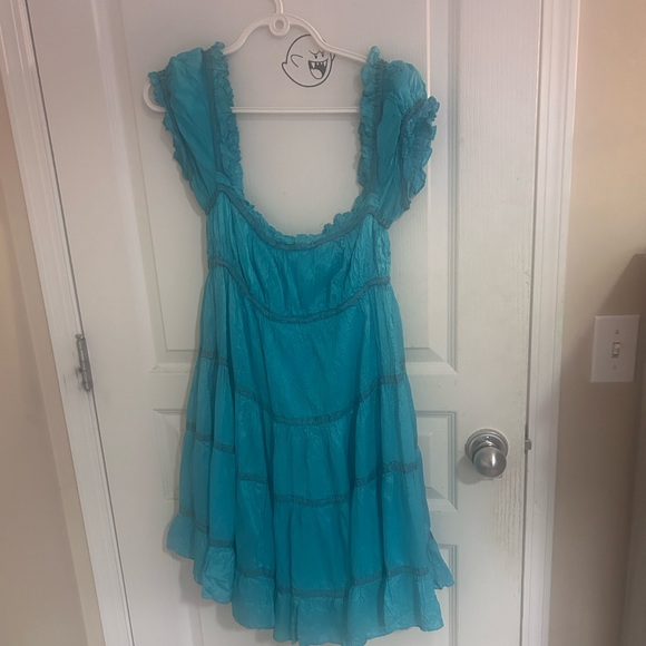 Milkmaid Betsey Johnson turquoise Vintage Ruffle teal tiered midi crinkle dress - Picture 2 of 9